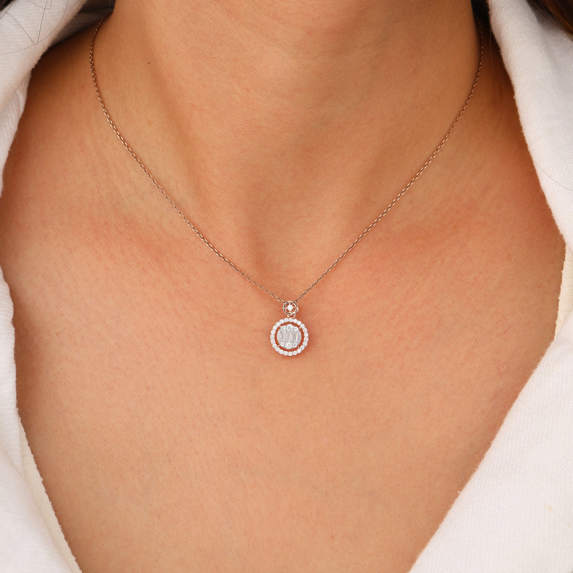 Lab grown diamond cluster pendant on model neck