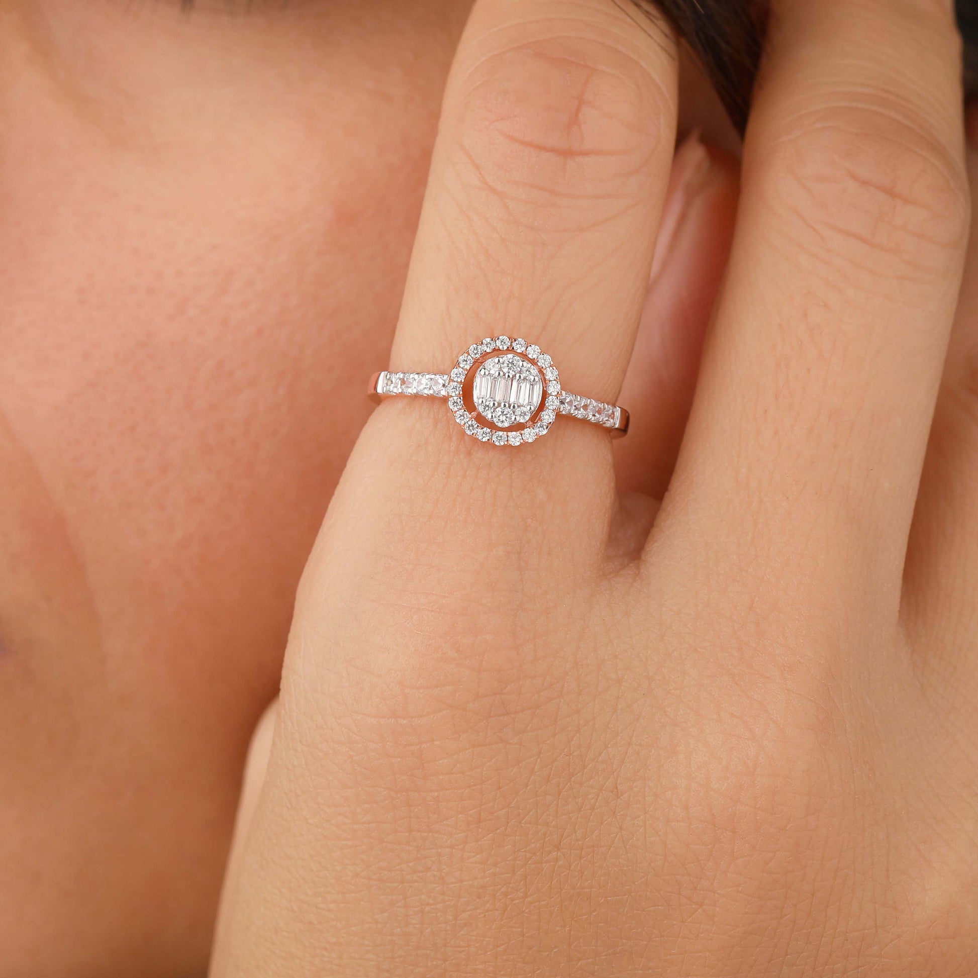 Baguette Moissanite Illusion Halo Cluster Ring