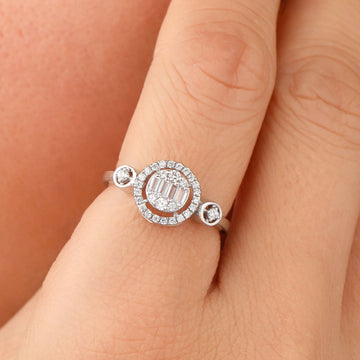 Baguette and Round Diamond Three Stone Engagement Ring