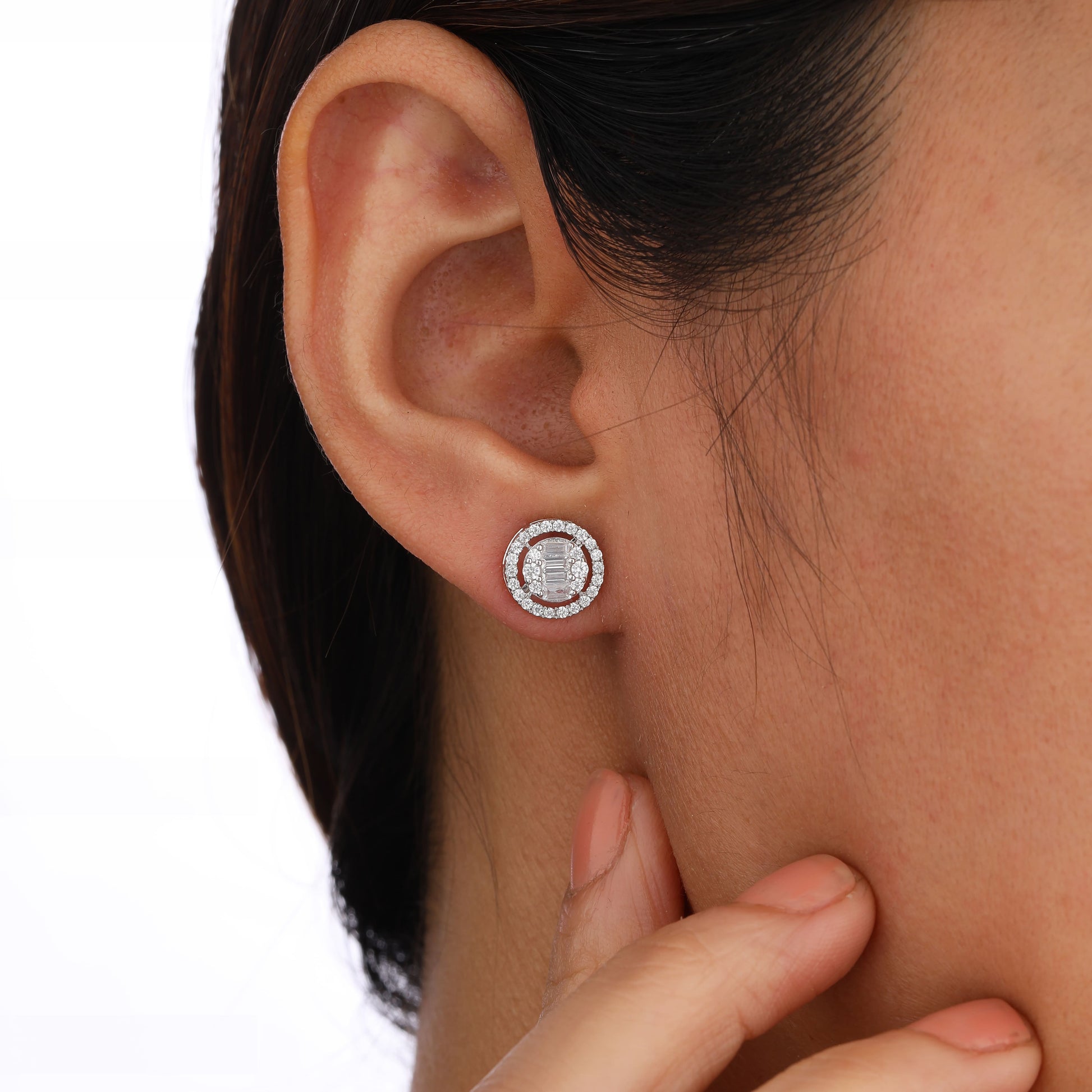 Round and Baguette halo earring