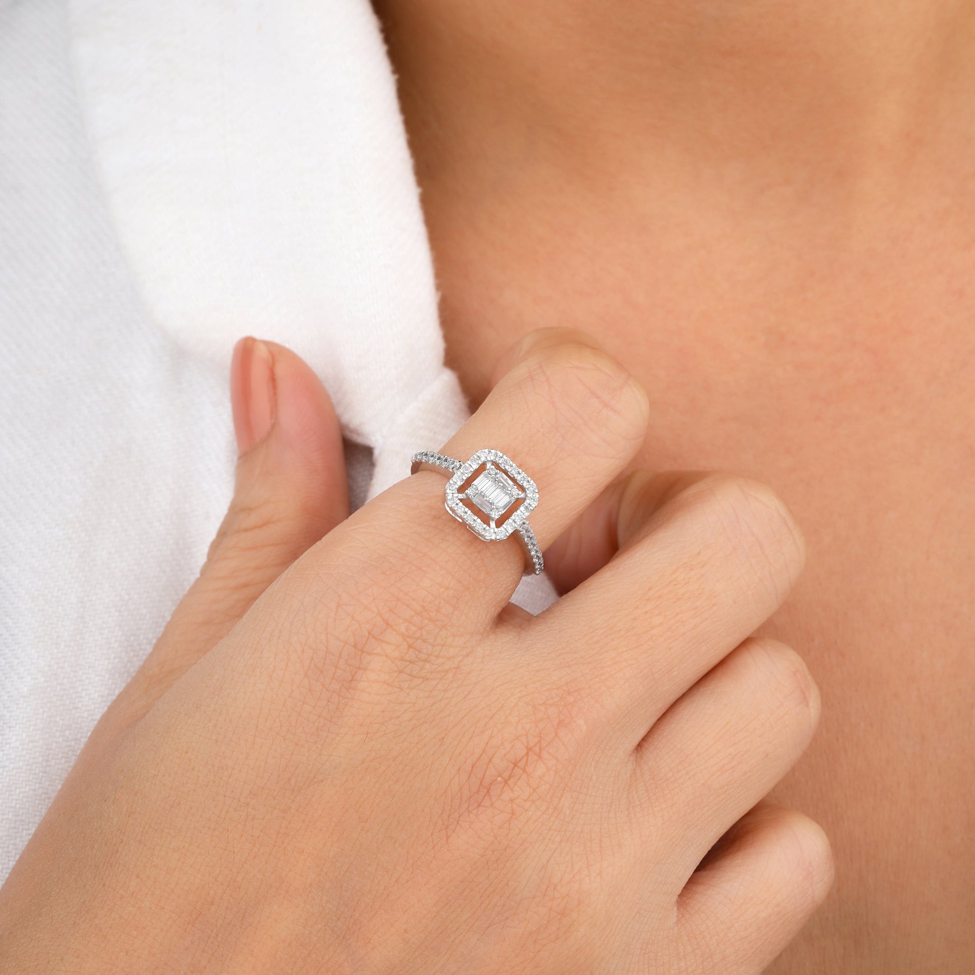 Square shaped halo engagement ring