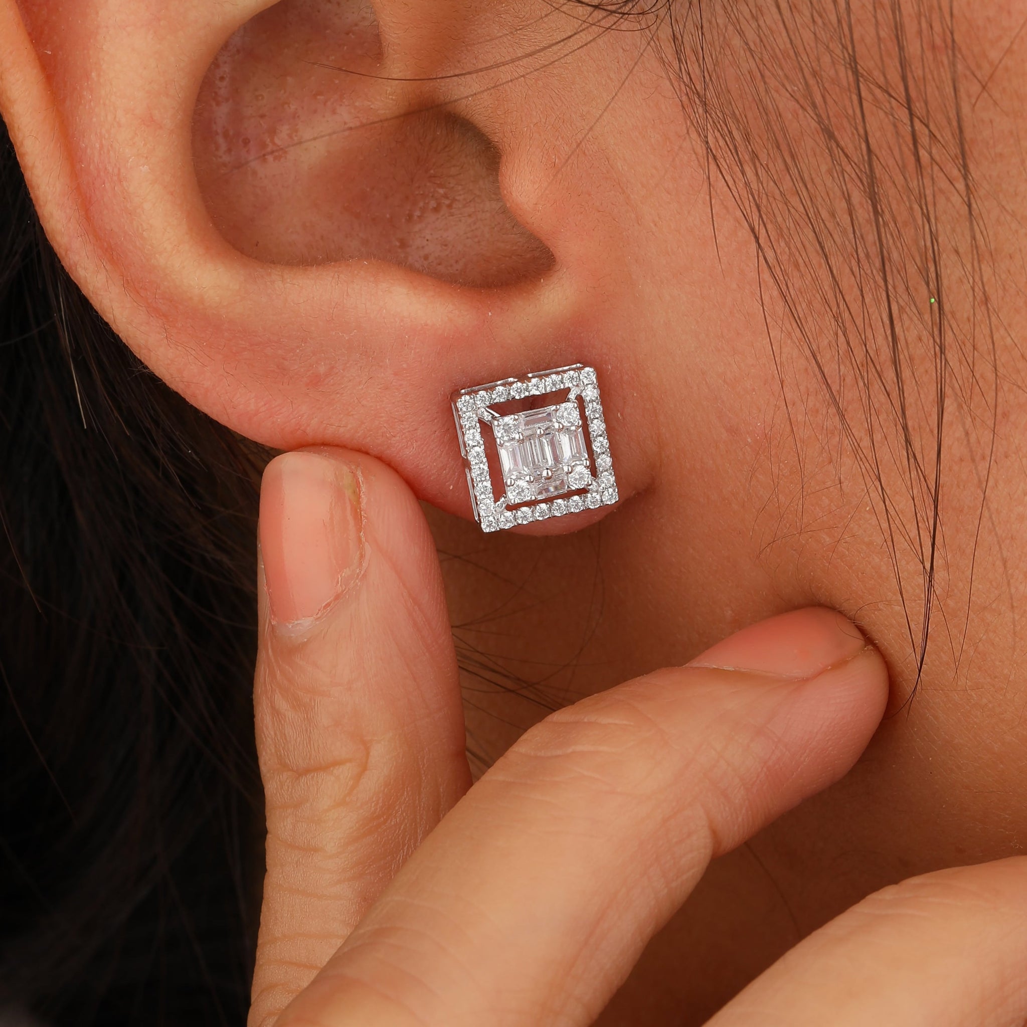 Baguette Lab Created Diamond Square Stud Earring