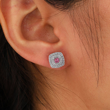 Lab Created Halo Princess Cut Pink Sapphire Stud Earrings