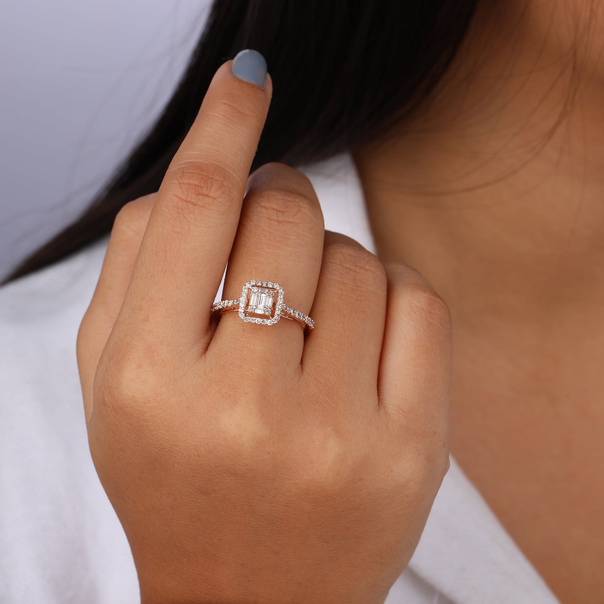 Baguette Diamond Halo Engagement Ring 