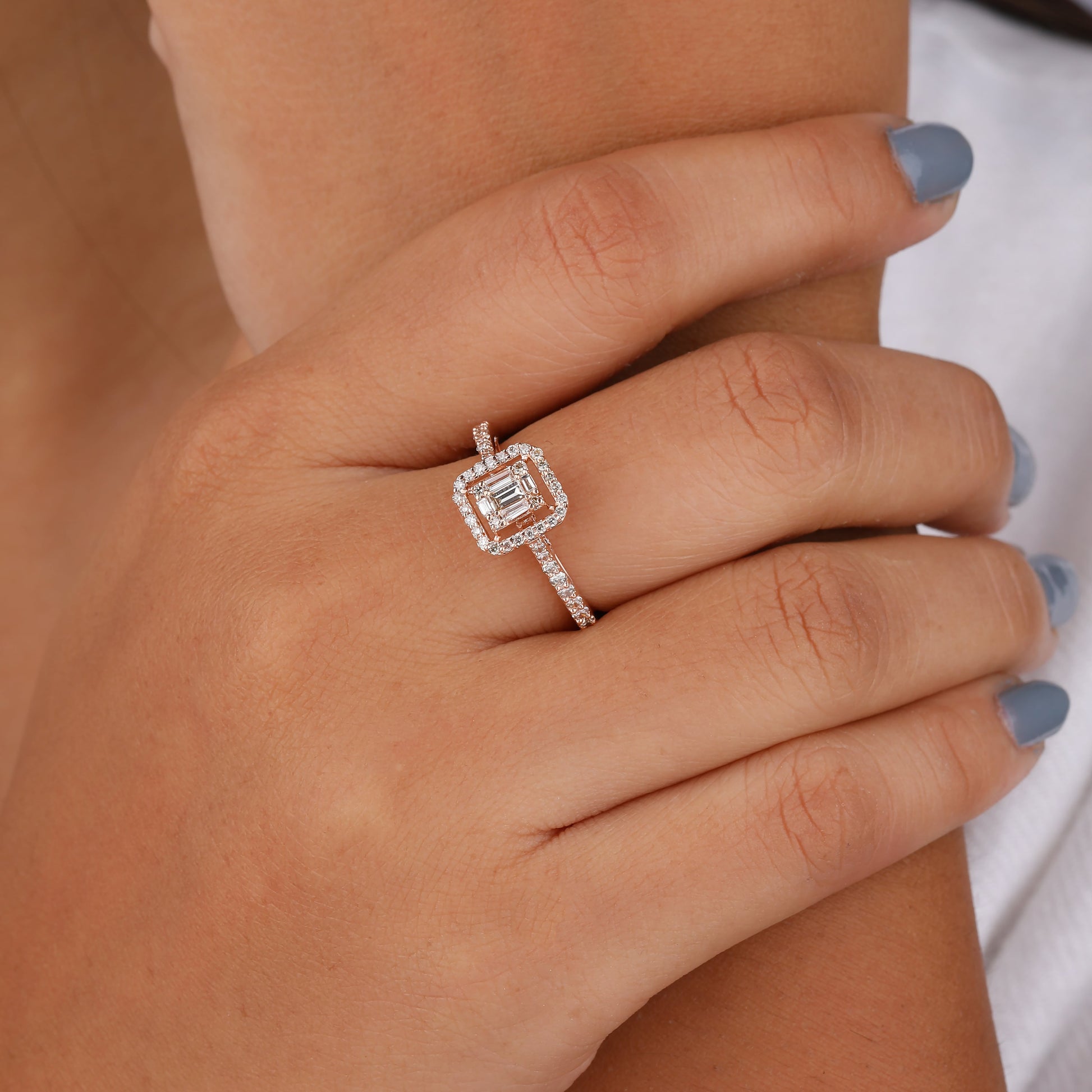 Baguette and Round Diamond Ring with Square Shaped Halo