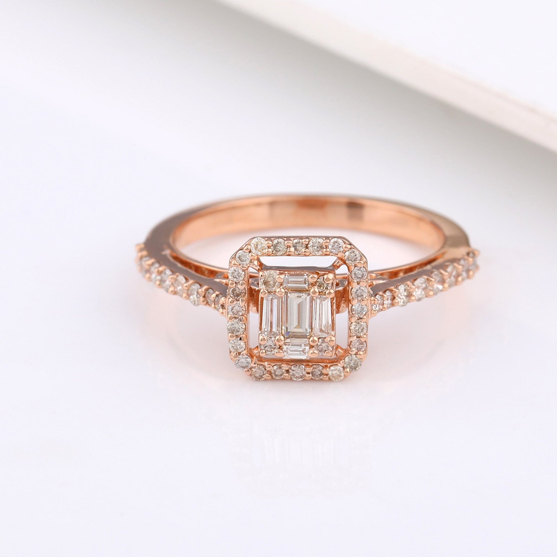 Square Baguette Halo Diamond Ring In 14K White Gold