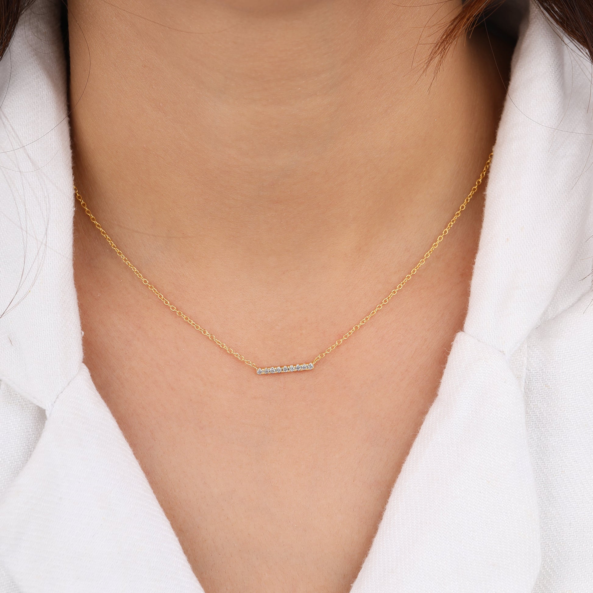 Dainty Diamond Bar Necklace on model neck