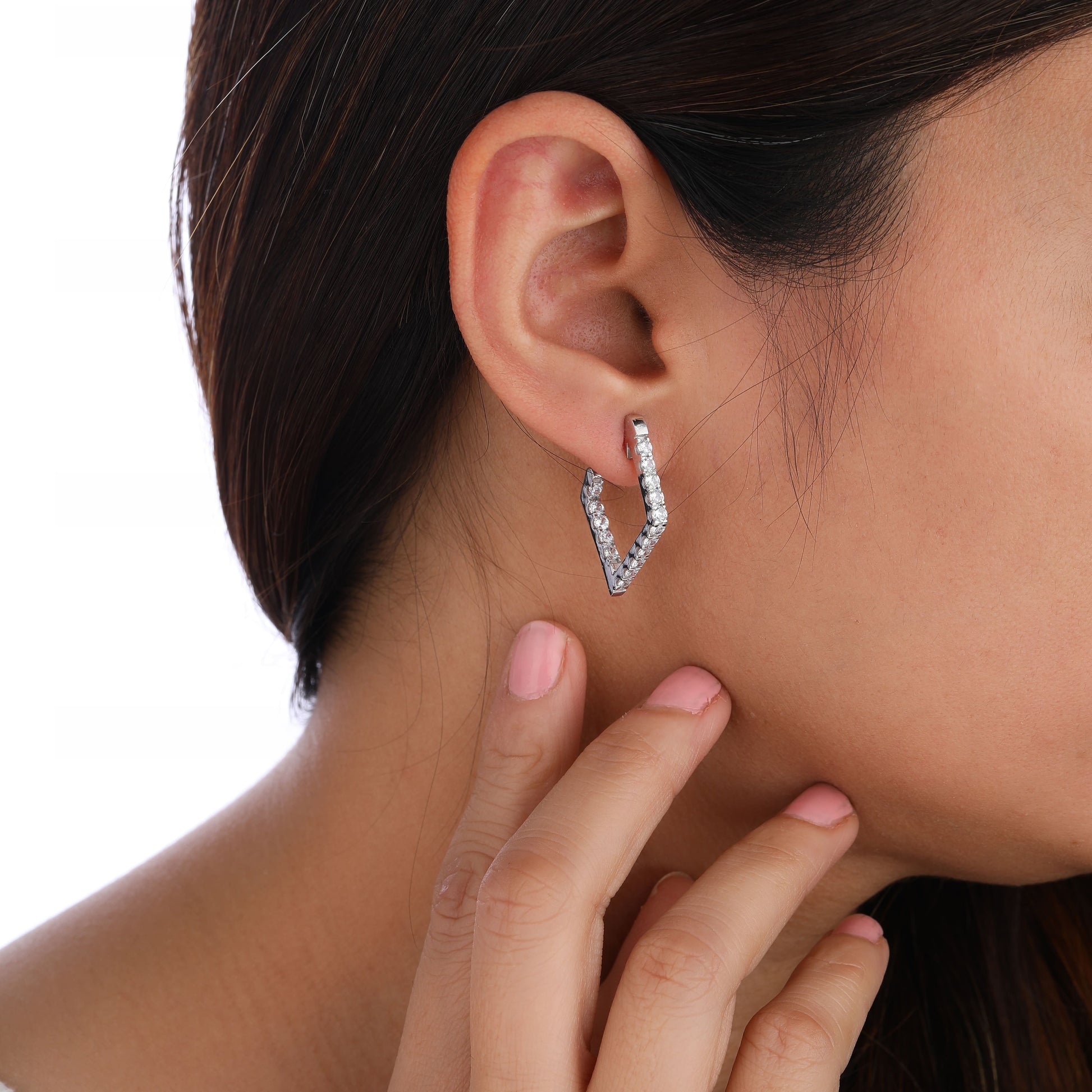 Moissanite Hoop Earrings on Model Ear