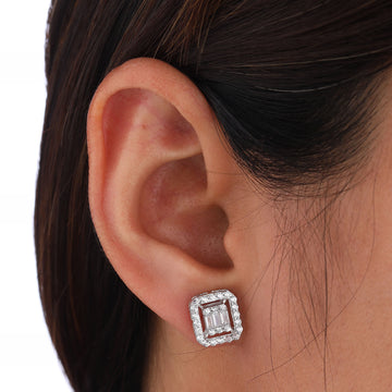 Emerald Shape Baguette & Round Lab Grown Diamond Halo Stud Earring