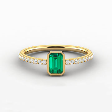 Emerald Cut Emerald Bezel Set Pave Engagement Ring
