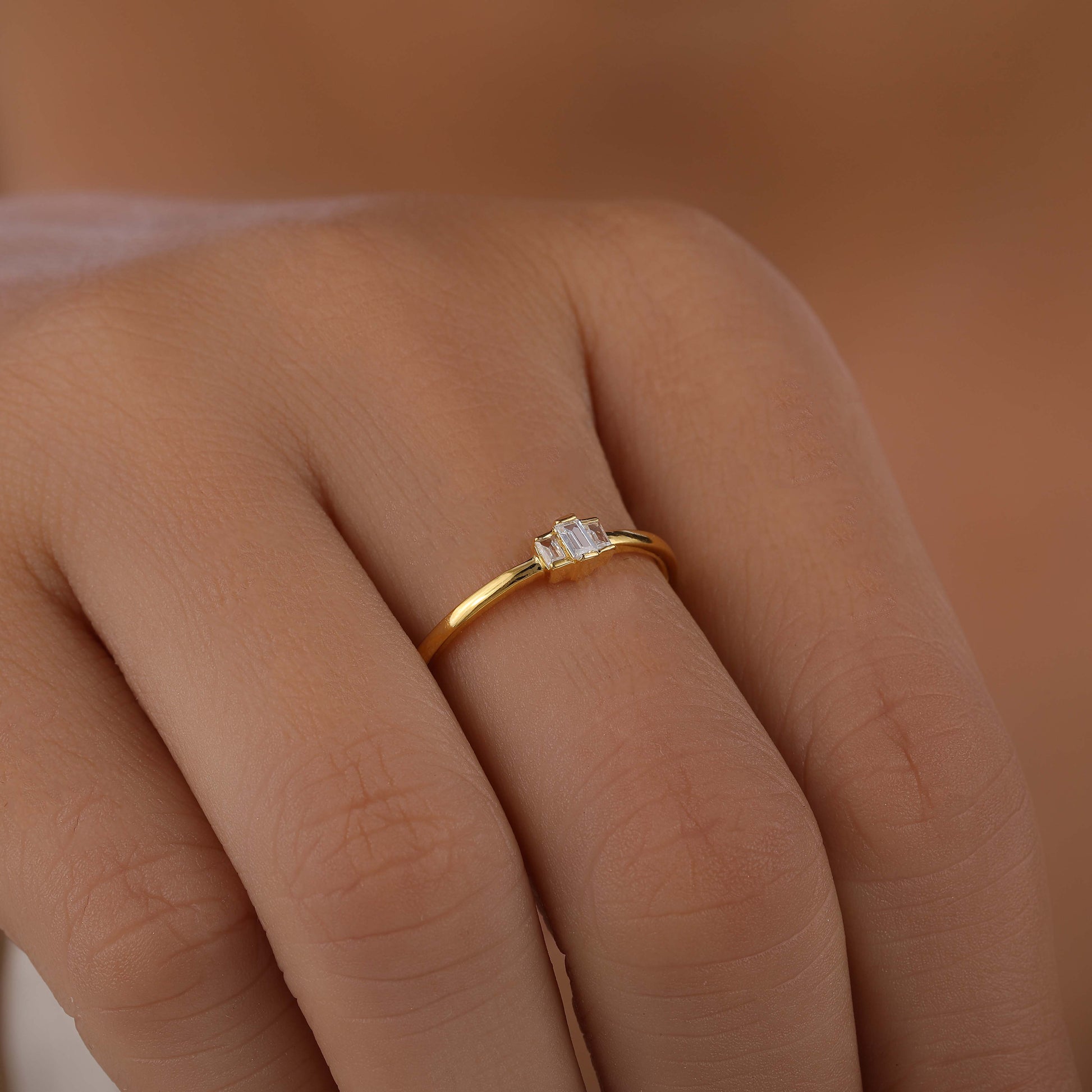 Baguette Moissanite Minimalist Ring on model hand