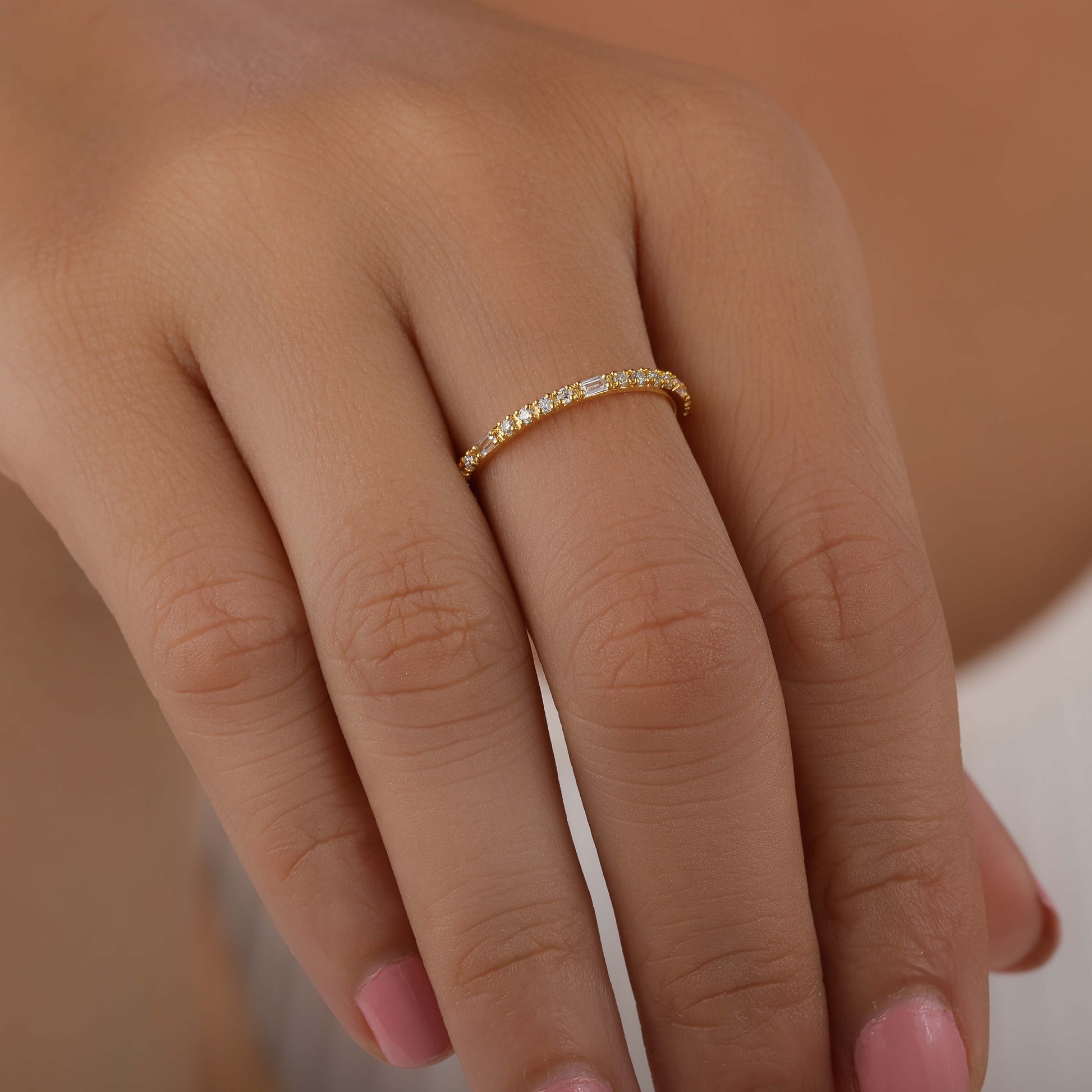Glowing Solid Yellow Gold Baguette Diamond Ring