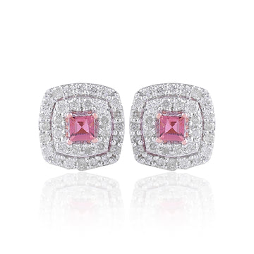 Pink Sapphire Princess & Round Cut Halo Diamond Stud Earrings