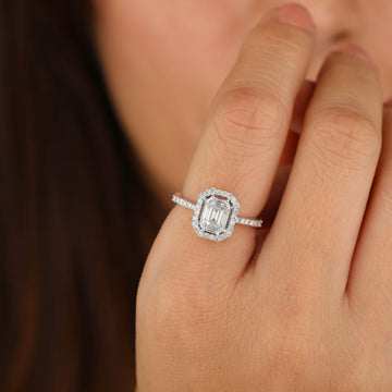 Halo engagement ring on model view