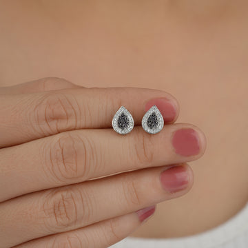 Black and White Diamond Pear Shape Halo Stud Earrings