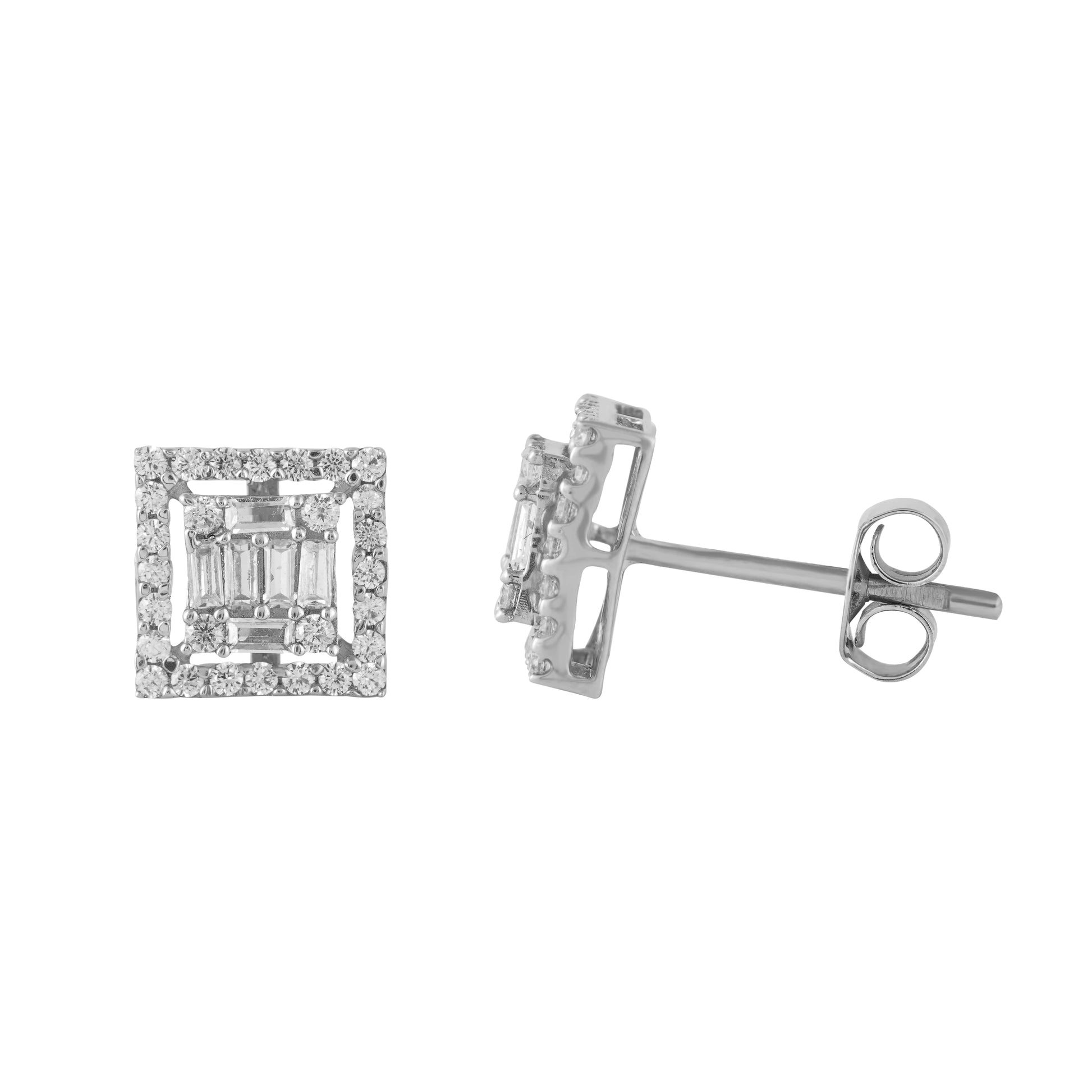 Certified Round & Baguette Diamond Cluster Square Stud Earrings
