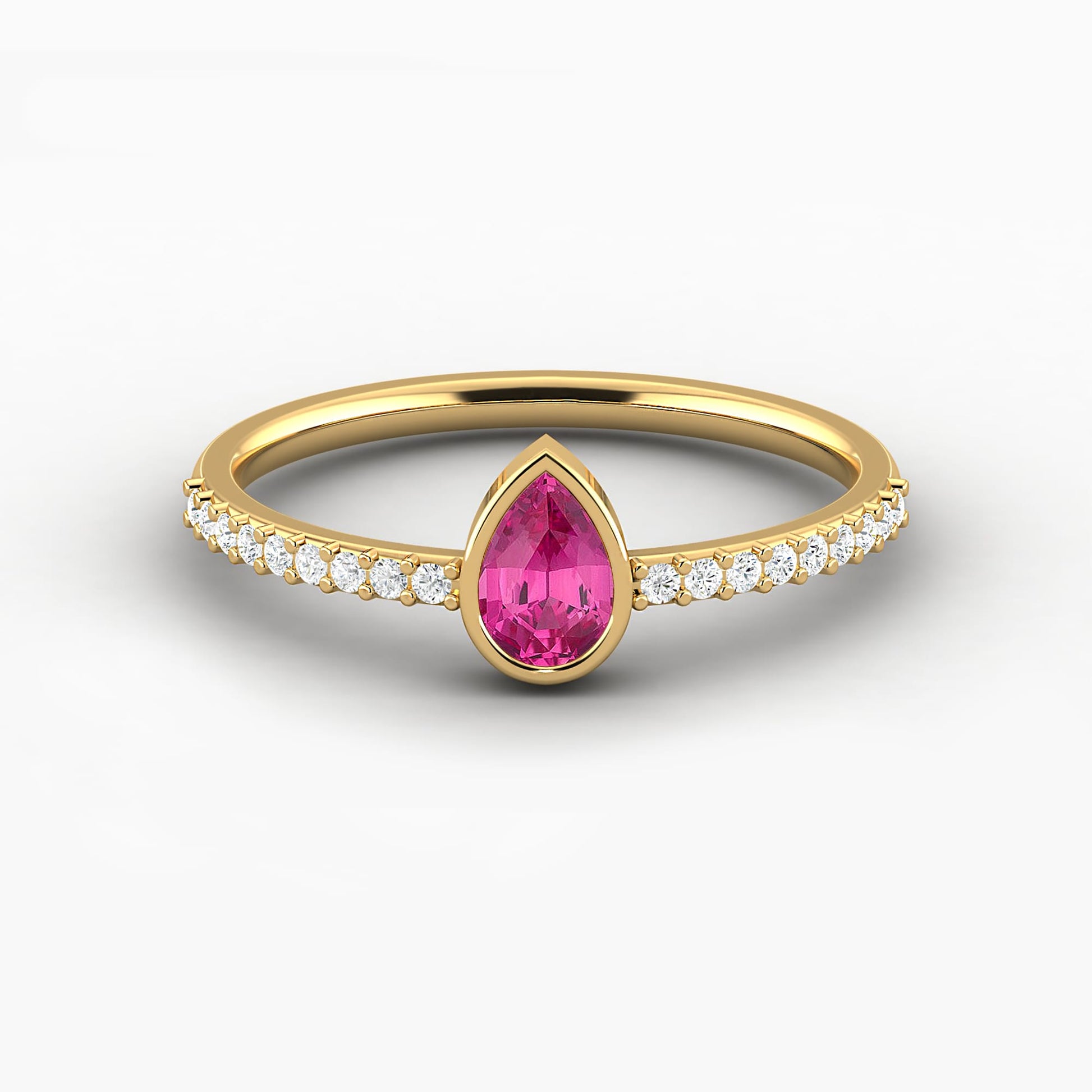 pink sapphire yellow gold pear shape bezel set engagement ring