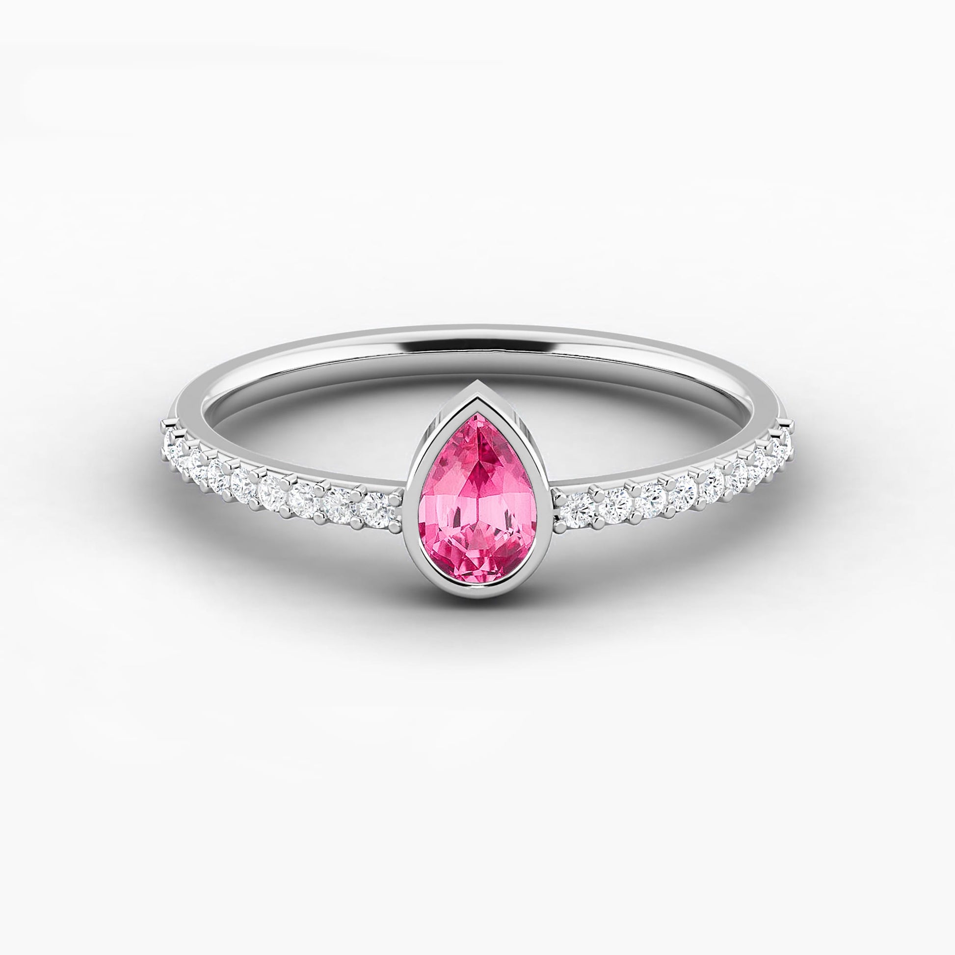 pink tourmaline pear shape bezel set engagement ring
