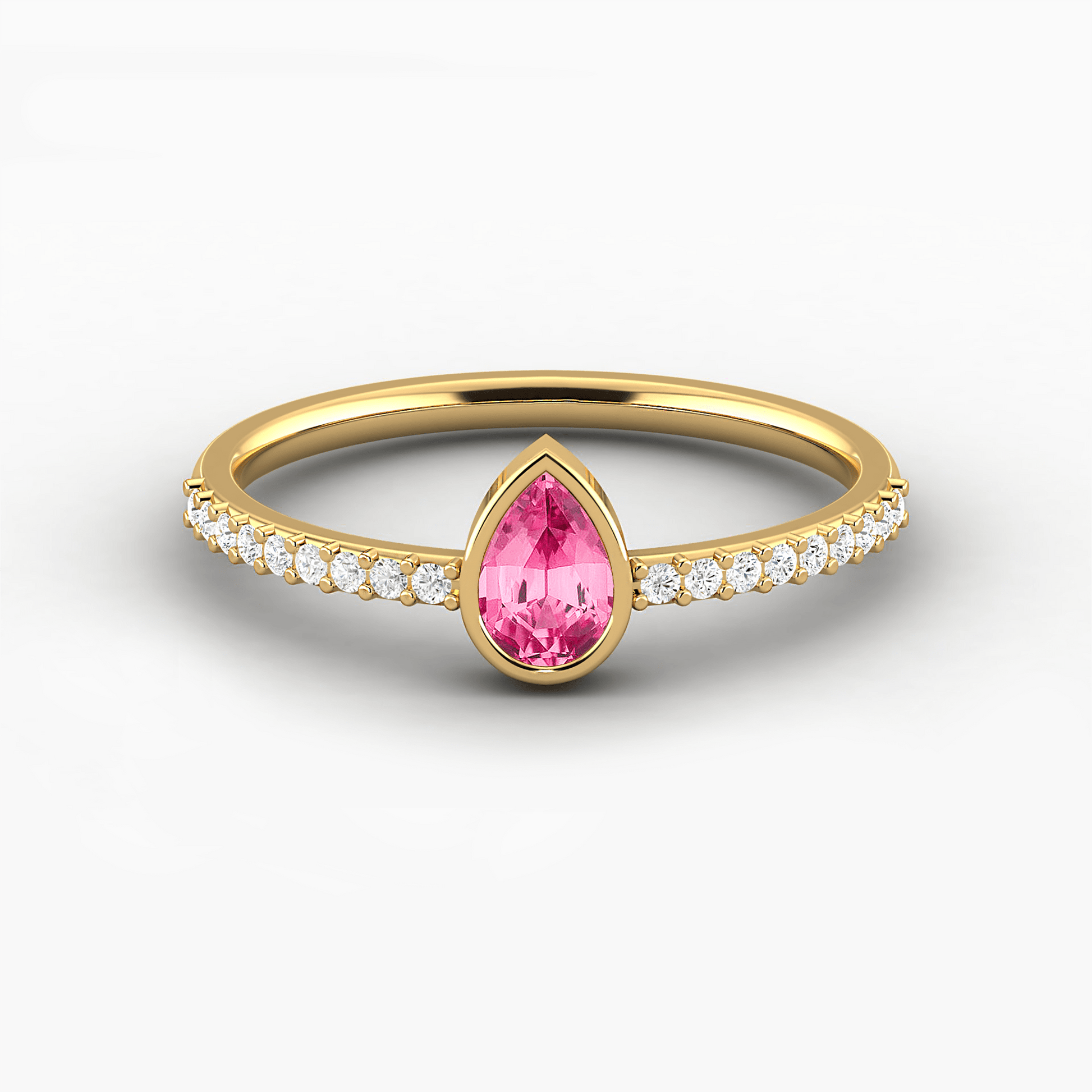 pink tourmaline yellow gold pear shape bezel set engagement ring