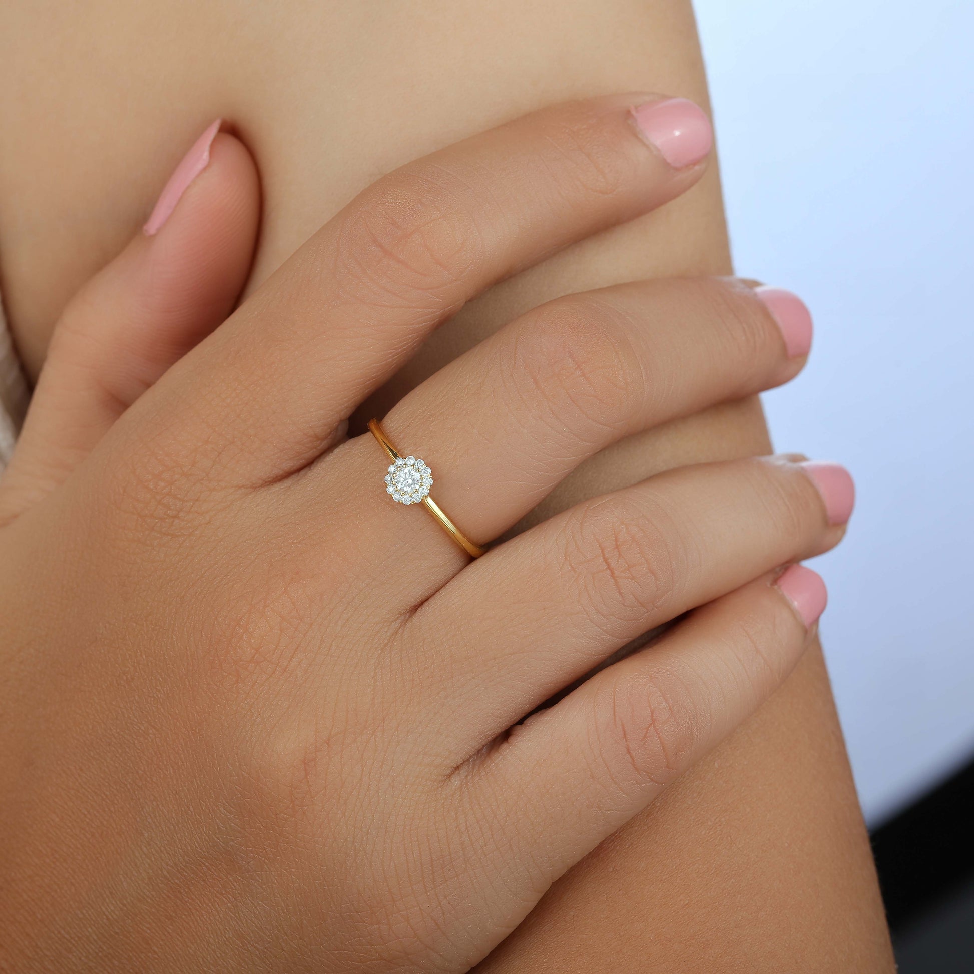 Petite Halo Moissanite Ring wearing by a girl