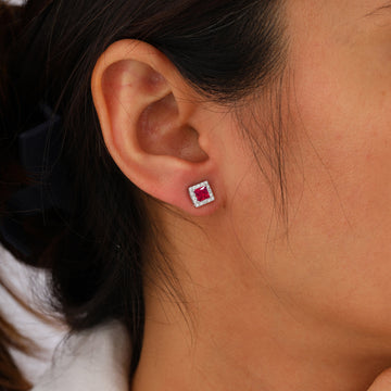 Princess Cut Ruby & Diamond Halo Stud Earrings