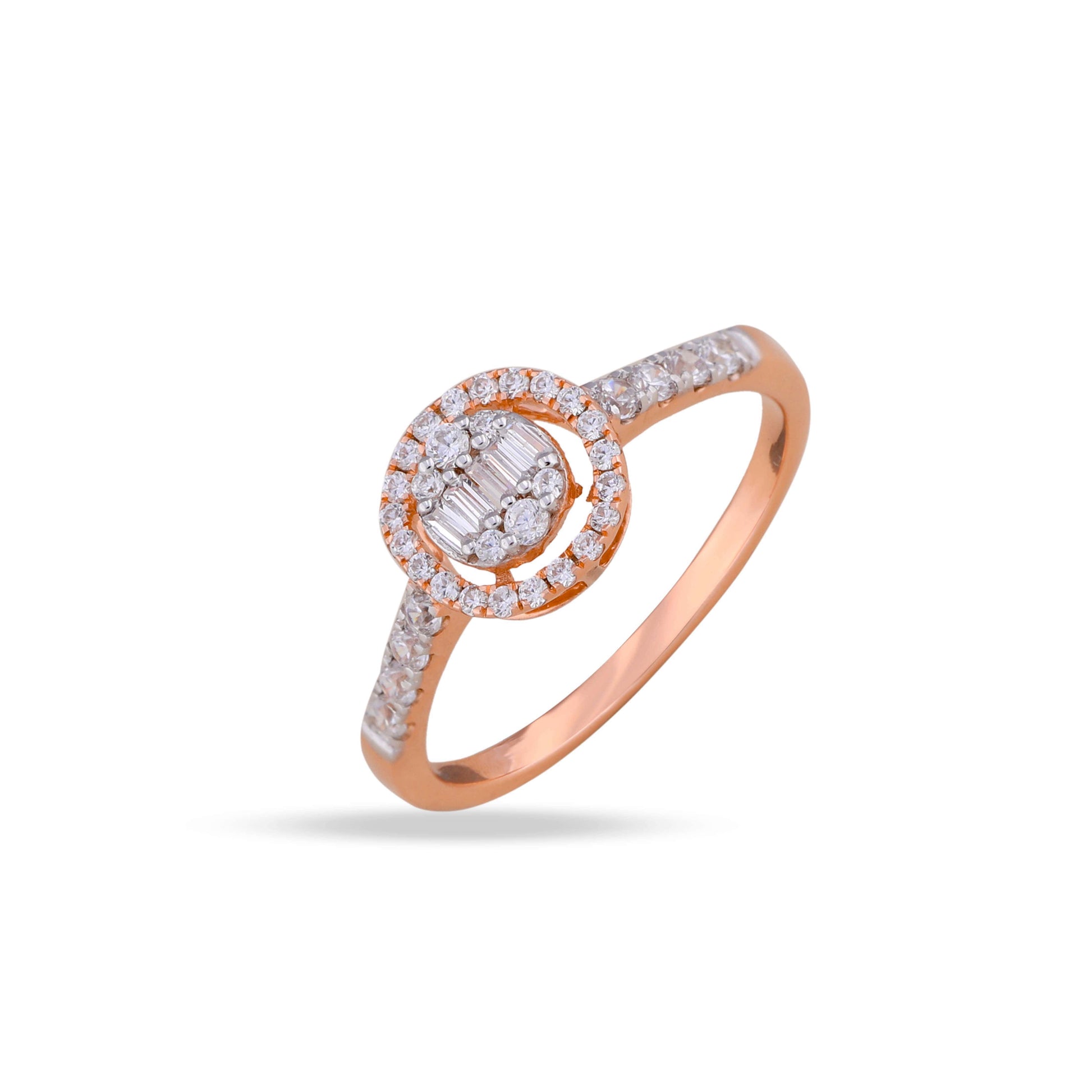 rose gold Round and Baguette Diamond Halo Ring