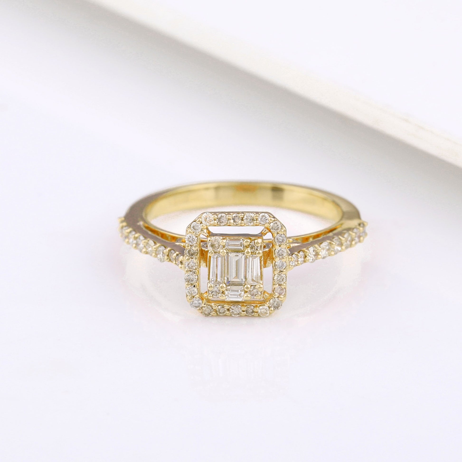 Square Baguette Halo Diamond Ring in Yellow Gold