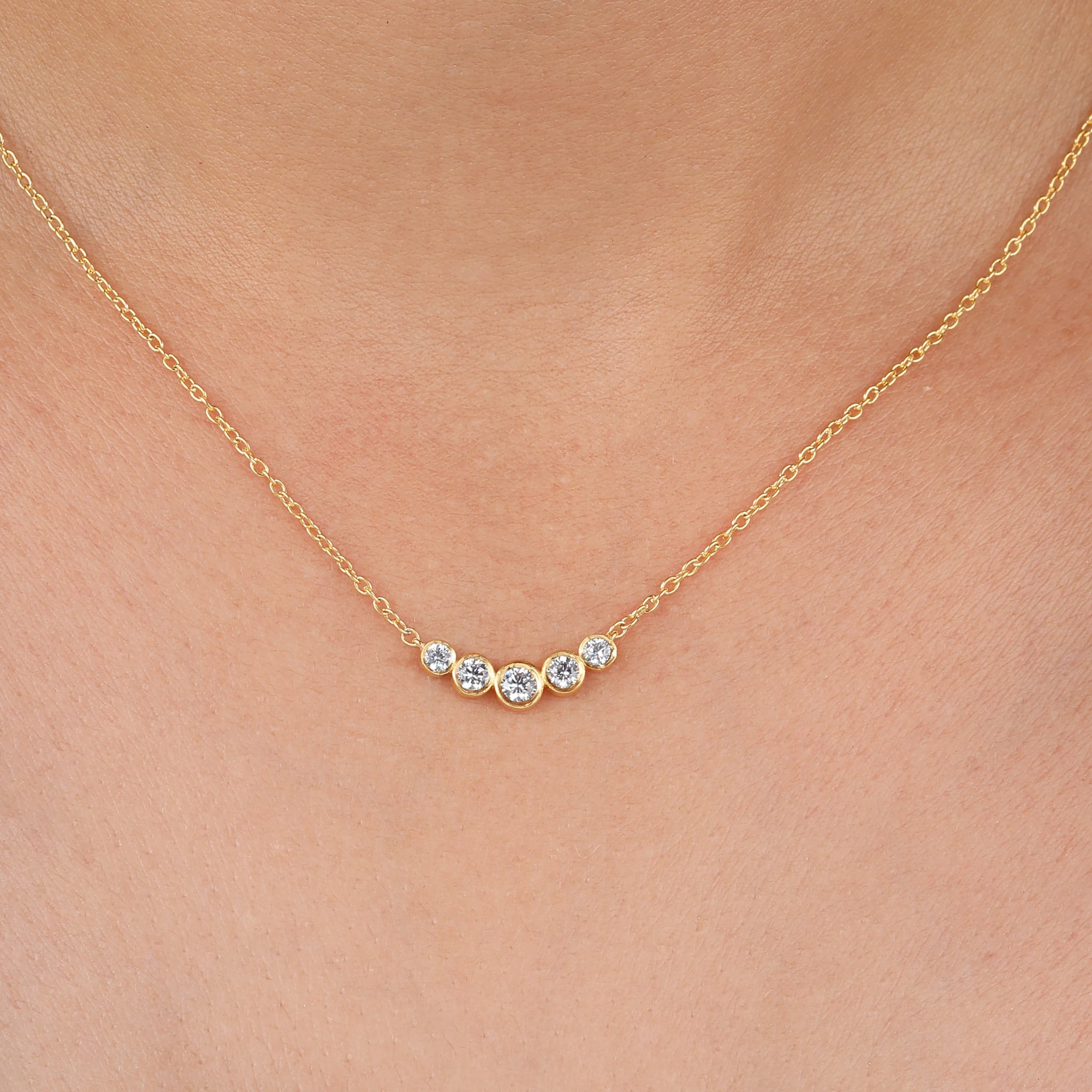 14k Solid Gold Round Diamond Bezel Set Bar Necklace