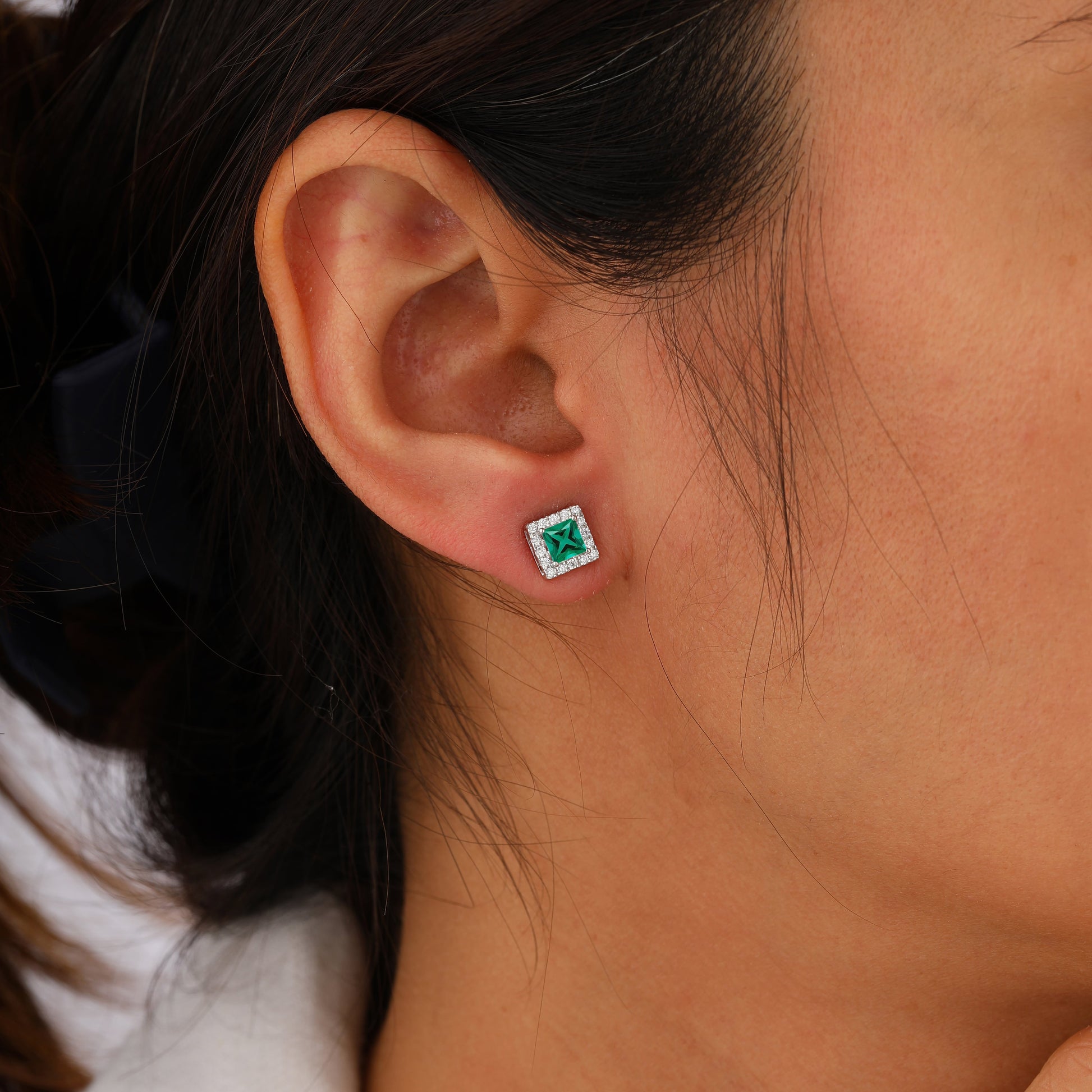 Princess Natural Emerald Halo Diamond Stud Wedding Earrings